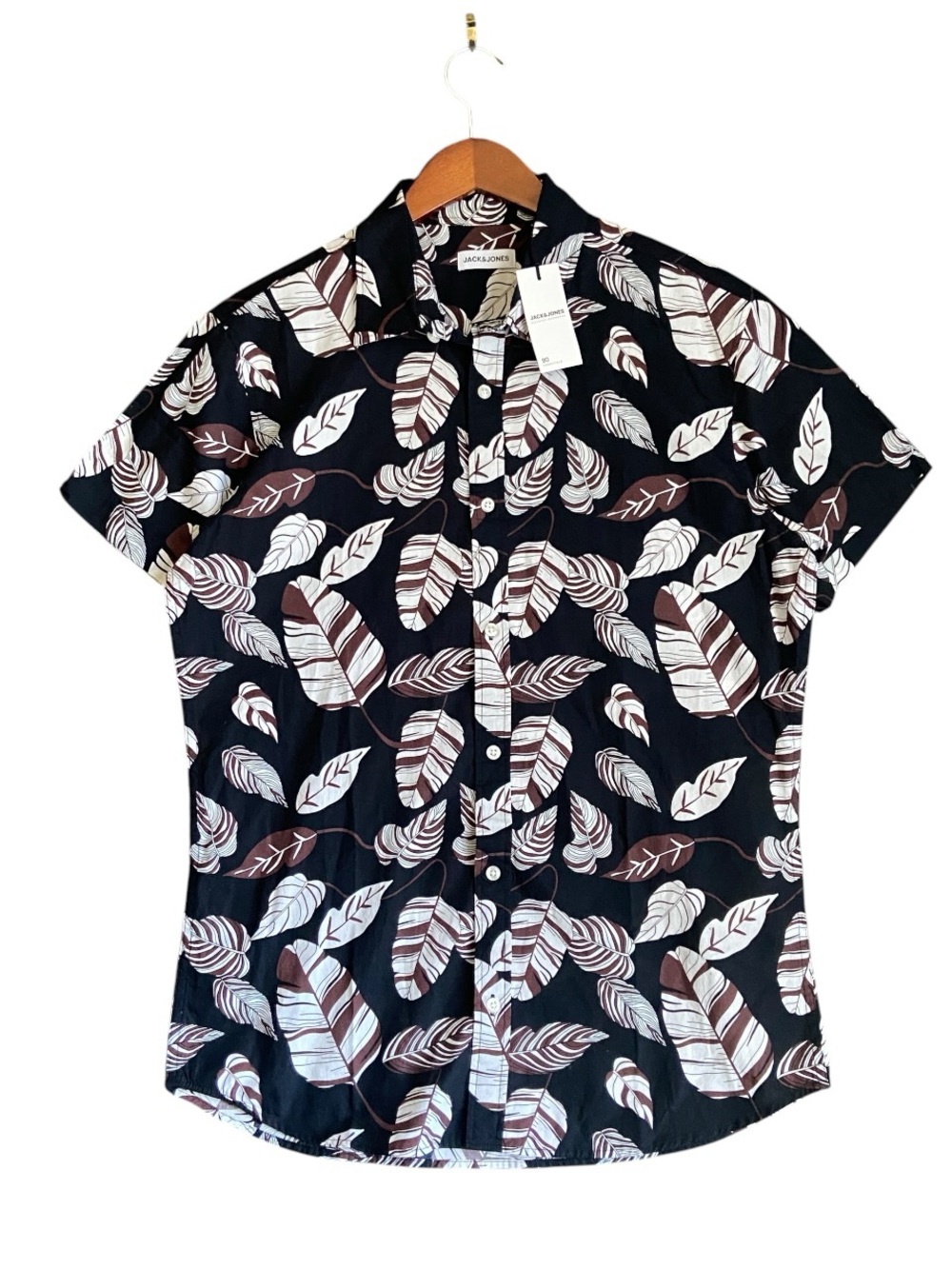 ASOS x Jack & Jones | Men’s Tropical Print Short Sleeve Shirt in Black |Size L/G
